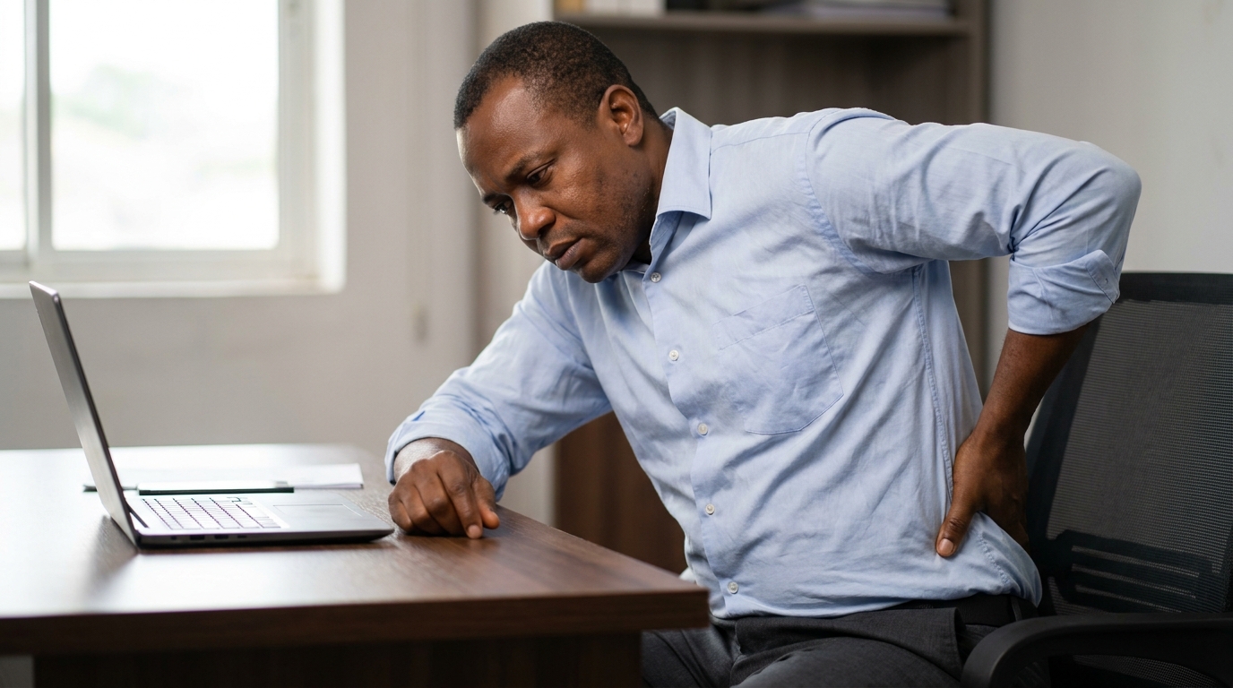 Man sitting at desk, hand on lower back in discomfort
